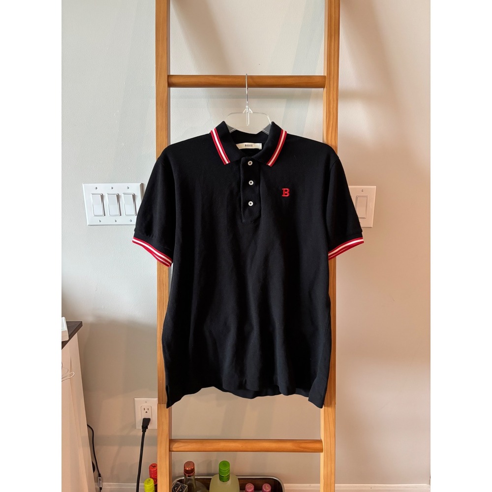 Bally Switzerland Mens Black Pique Polo Shirt Red Stripe Logo M5CC265F Medium